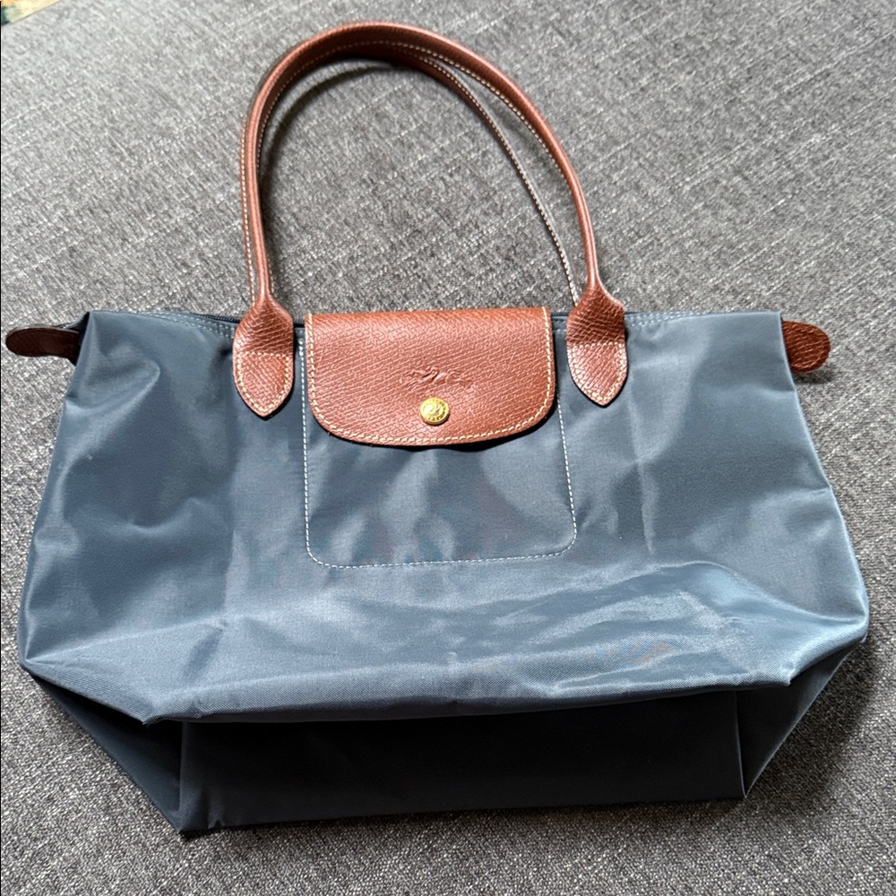 LONGCHAMP Pliage M Tote Bag Navy blue with brown leather